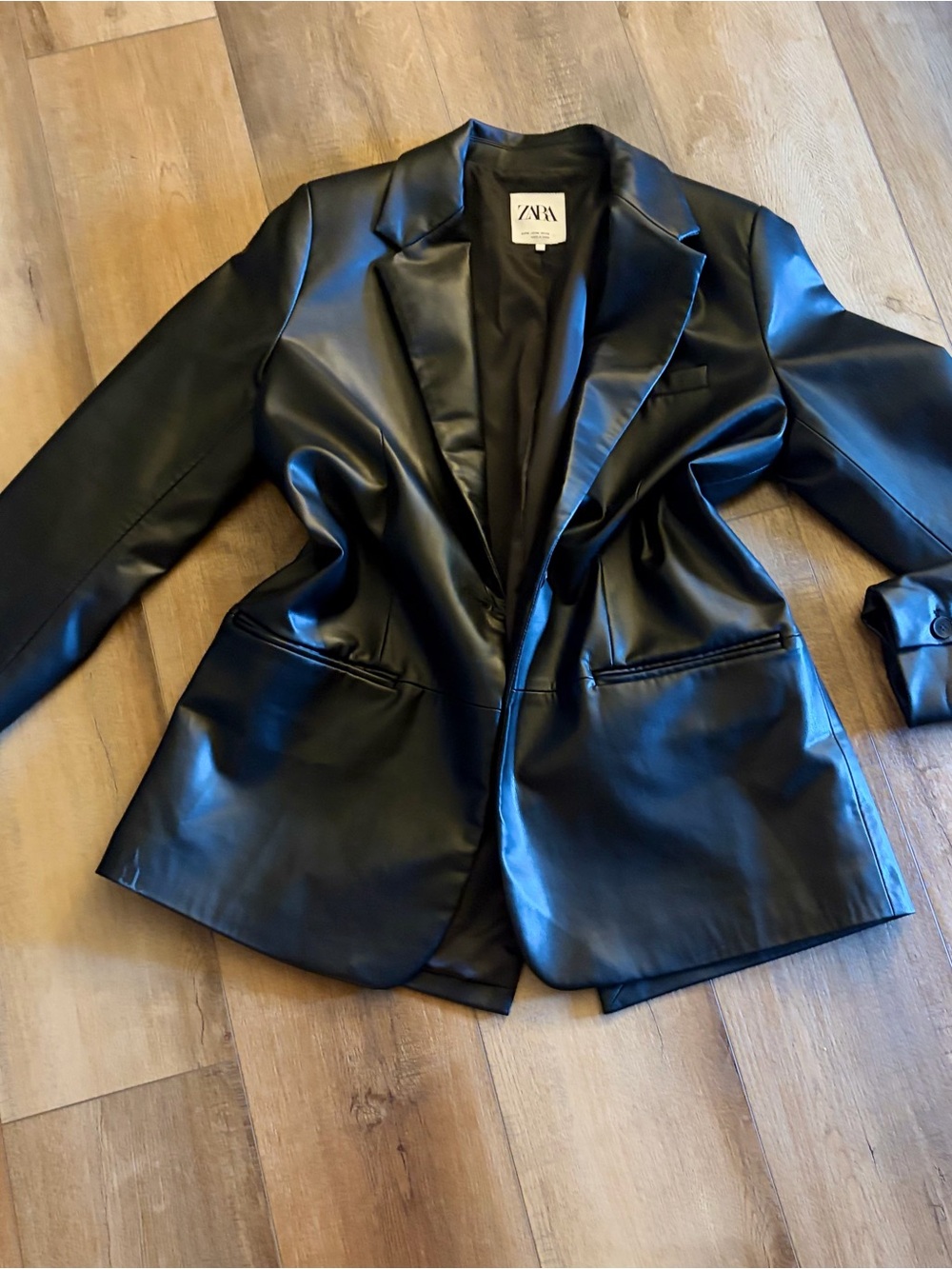 Zara Black Faux Leather Tailored Blazer